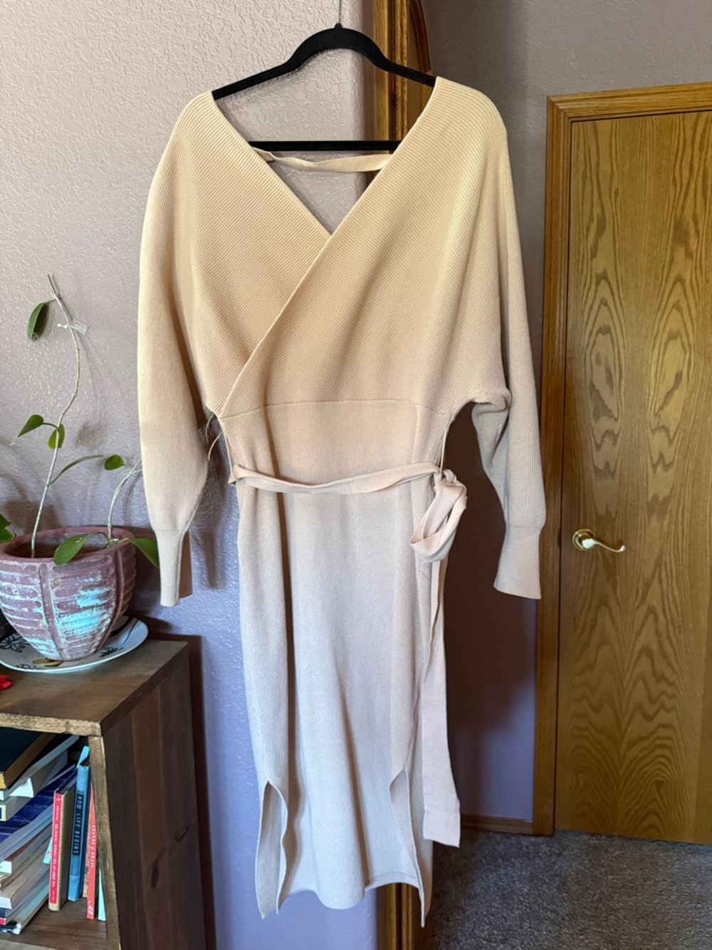 Cream Wrap Knit Midi Dress with Self Tie